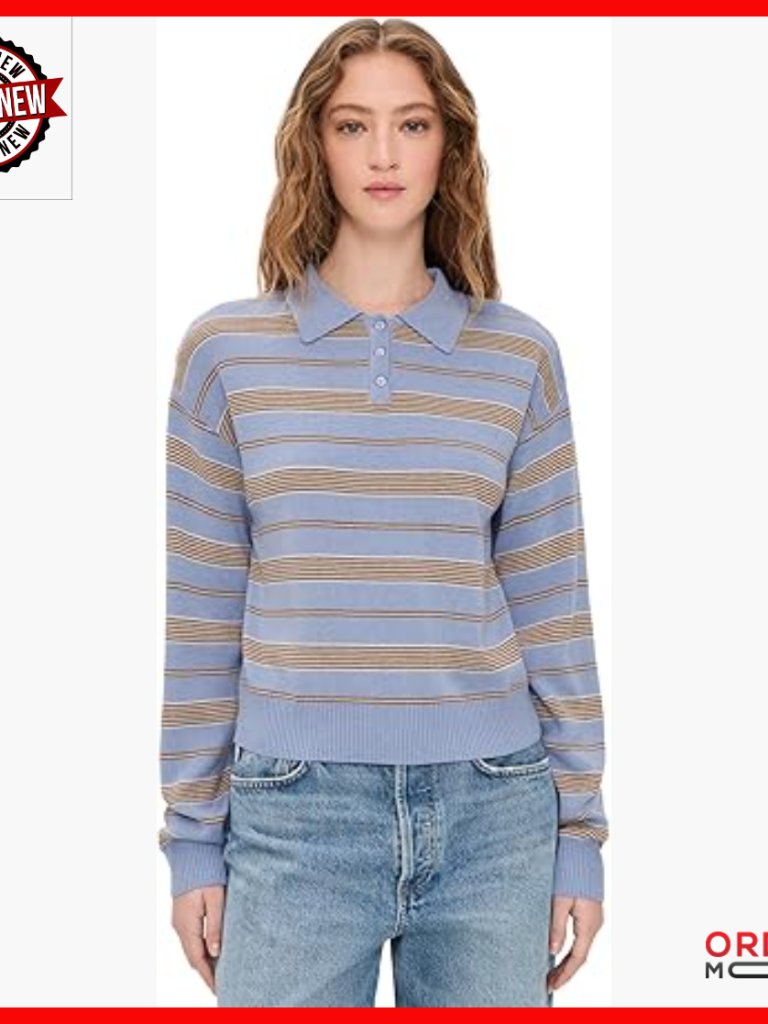 Striped Polo Neck Pullover Sweater, Ribbed Knit, Mid-Weight
